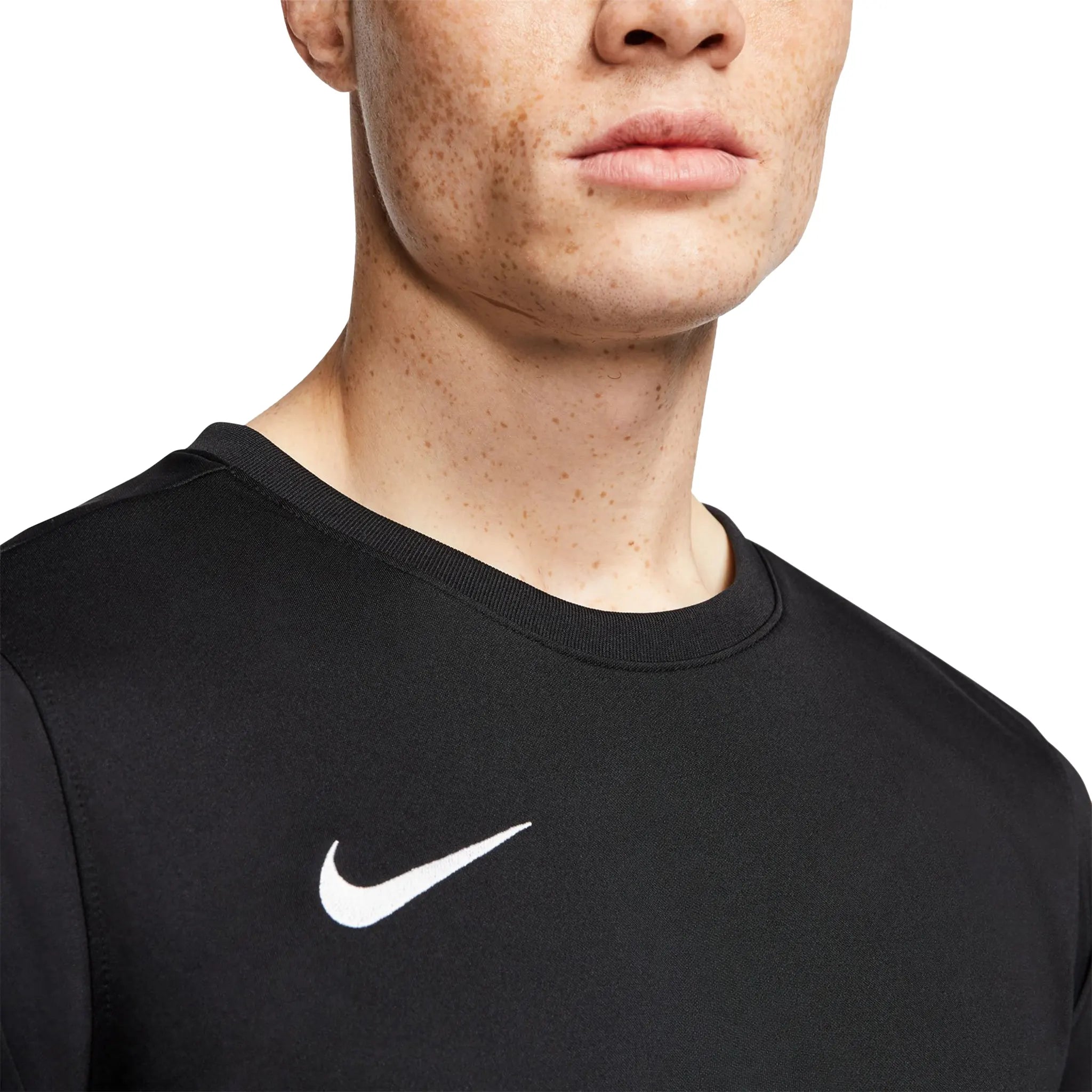 Model chest view of Nike Dri-FIT Park VII SS Black White T Shirt BV6708-010